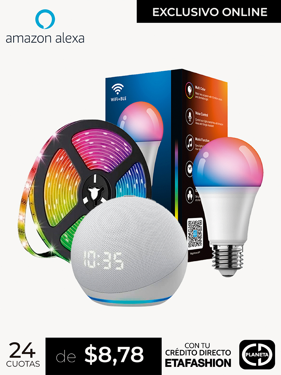Combo Alexa Echo Dot 4T Generación con Reloj Blanco - Glacial + Foco + Luces - Amazon