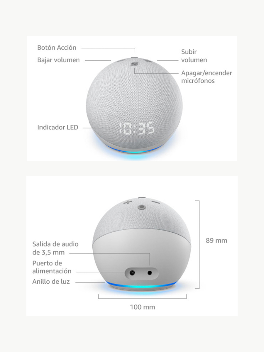 Combo Alexa Echo Dot 4T Generación con Reloj Blanco - Glacial + Foco + Luces - Amazon