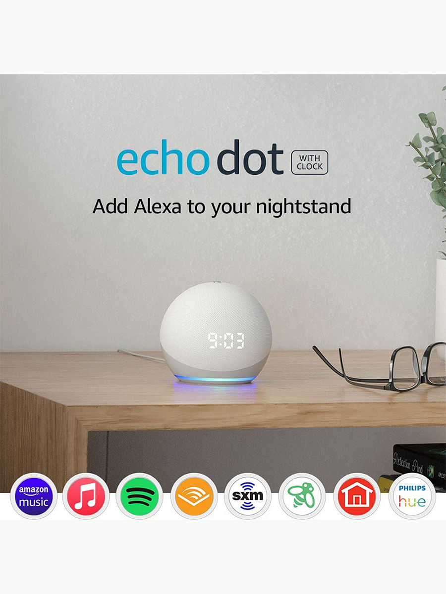Combo Alexa Echo Dot 4T Generación con Reloj Blanco - Glacial + Foco + Luces - Amazon