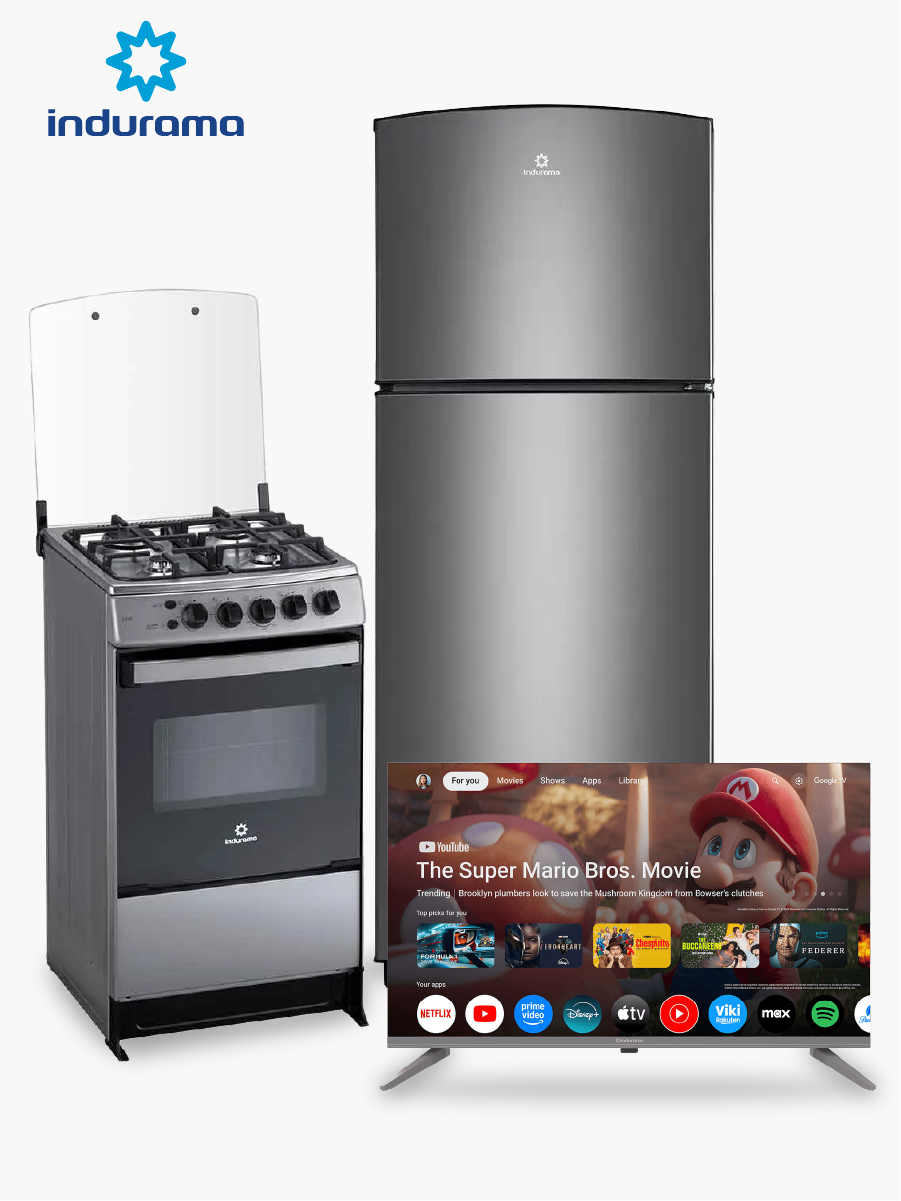 Combo Indurama Cocina Cádiz Spazio Plus 20″ + Refrigeradora Top Mount RI-375 + Smart Tv 32″